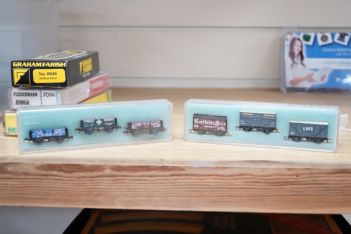 Twenty-eight boxed N gauge railway by Graham Farish, Minitrix, Fleischmann, etc. including four locomotives; an LNER class A3, Flying Scotsman (12950), a BR 0-6-0T, 47160 (N.201), a German DB 0-10-0T, 94 1730, (7094), an